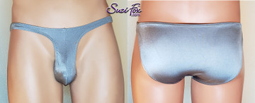 Well Endowed Mens Contoured, Rounded Pouch Front, Wide Strap, Full Rear bikini - shown in Steel Gray Milliskin Tricot Spandex, custom made by Suzi Fox.
• Standard front height is 8 inches (20.3 cm).
• Available in 3, 4, 5, 6, 7, 8, 9, and 10 inch front heights.
• Choose your pouch size. See pictures section for instructions on how to measure.
• Lining is optional.
• Wear it as swimwear OR underwear!
• You can choose any fabric on this site, including vinyl/PVC, Metallic Foil, Metallic Mystique, Wetlook Lycra Spandex, Milliskin Tricot Spandex. The vinyl/PVC is a latex alternative, great for people allergic to latex!
• Worldwide shipping.
• Made in the U.S.A.