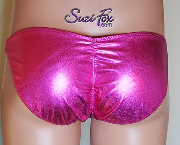 Men's Smooth Front, Wide Strap, Gathered Full Rear Bikini - shown in Fuchsia Metallic Foil Spandex, custom made by Suzi Fox.
• Standard front height is 7 inches (17.8 cm).
• Available in 3, 4, 5, 6, 7, 8, 9, and 10 inch front heights.
• Choose your pouch height. Pouch height is measured from behind the scrotum, up the side of the genitals, to the desired top of the suit.
• Lining is optional.
• Wear it as swimwear OR underwear!
• Made in the U.S.A.