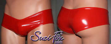 Men's 'V', Pouch Front, Hot Pants Bikini, custom made by Suzi Fox
shown in Red gloss vinyl/PVC Spandex.
Available in black, red, white, neon pink, light pink, fuchsia, purple, turquoise, Royal Blue, Matte Black, Matte White.
Choose your pouch size!
Made in the U.S.A.