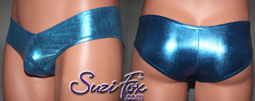 Men's 'V', Pouch Front, Hot Pants Bikini, custom made by Suzi Fox
shown in Turquoise Metallic Foil Spandex.
Available in gold, silver, copper, gunmetal, turquoise, Royal blue, red, green, purple, fuchsia, black faux leather/rubber.
Choose your pouch size!
Made in the U.S.A.