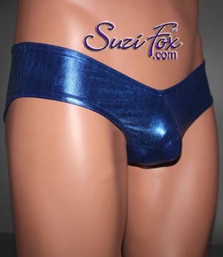 Men's 'V', Pouch Front, Hot Pants Bikini, custom made by Suzi Fox
shown in Royal Blue Metallic Foil Spandex.
Available in gold, silver, copper, gunmetal, turquoise, Royal blue, red, green, purple, fuchsia, black faux leather/rubber.
Choose your pouch size!
Made in the U.S.A.