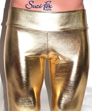 Womens High Waisted Yoga Pants shown in Gold Metallic Foil Spandex, custom made by Suzi Fox.