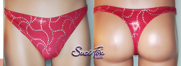 Mens Smooth Front, Wide Strap, T-back Thong- shown in Red metallic mystique with tiny iridescent silver squares on Spandex, custom made by Suzi Fox.
THIS SUIT IS ONE OF A KIND! IN STOCK, READY TO SHIP!
• Size Medium Waist 32-35 inches (81.28-88.9 cm)
• Front height is 7 inches (17.78 cm).
• Made in the U.S.A.