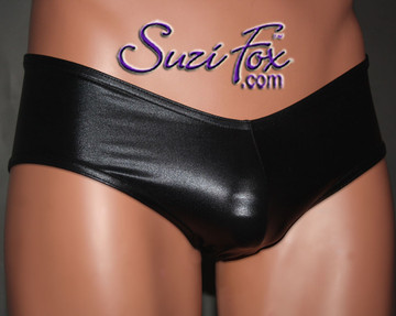 Men's 'V', Pouch Front, Hot Pants Bikini, custom made by Suzi Fox
shown in Black Faux Leather/Rubber  Metallic Foil Spandex.
Available in gold, silver, copper, gunmetal, turquoise, Royal blue, red, green, purple, fuchsia, black faux leather/rubber.
Choose your pouch size!
Made in the U.S.A.