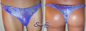 Mens Smooth Front, Wide Strap, T-back Thong- shown in LIMITED EDITION Blue Spandex with Silver Metallic Foil splotches, custom made by Suzi Fox.

• Standard front height is 6 inches (15.24 cm).
• Available in 3, 4, 5, 6, 7, 8, 9, and 10 inch front heights.
• Choose your pouch size. Check the pictures section to see how to measure.
• Lining is optional.
• Wear it as swimwear OR underwear!
• Made in the U.S.A