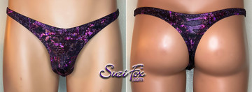 Mens Pouch Front, Wide Strap, T-Back thong - shown in Fuchsia metallic foil on black spandex, custom made by Suzi Fox.

• Standard front height is 6 inches (15.24 cm).
• Available in 3, 4, 5, 6, 7, 8, 9, and 10 inch front heights.
• Choose your pouch size. Check the pictures section to see how to measure.
• Lining is optional.
• Wear it as swimwear OR underwear!
• Made in the U.S.A.