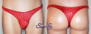 Mens Pouch Front, Wide Strap, T-Back thong - shown in Red Spandex with Red metallic swirls, custom made by Suzi Fox.
• Standard front height is 6 inches (15.24 cm).
• Available in 3, 4, 5, 6, 7, 8, 9, and 10 inch front heights.
• Choose your pouch size. Check the pictures section to see how to measure.
• Lining is optional.
• Wear it as swimwear OR underwear!
• Made in the U.S.A.