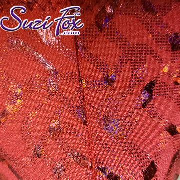 Fabric #215 Red spandex with red metallic foil swirls.
4-way stretch.
