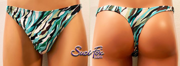 Mens Smooth Front, Wide Strap, T-back Thong- shown in LIMITED EDITION teal, mint, black, & white spandex, custom made by Suzi Fox