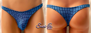 Mens Pouch Front, Wide Strap, T-Back thong - shown in LIMITED EDITION royal spandex with black cracks, custom made by Suzi Fox.
THIS IS ONE OF A KIND! Brand new! Ready to ship!
• Size Medium, Waist 32-35 inches (81.28 cm - 88.9 cm)
• Standard front height is 6 inches (15.24 cm).
• Standard pouch size is 2 inches (5.08 cm).
• Made in the U.S.A.