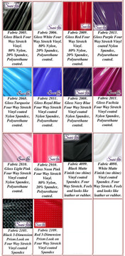 Gloss, Matte (no shine), and 3D Prism Vinyl/PVC. 
Four Way Stretch.
80% Nylon, 20% Spandex. 
Polyurethane coated. This fabric is very tight, 4-way stretch with about a 2" stretch. It will hide minor cellulite and hold in small love handles. Vinyl will separate from backing if worn too tight or if rubbed excessively. If you like PVC, you will LOVE this fabric! It's also a great alternative to latex. 

Available in black, white, red, navy blue, royal blue, turquoise, purple, Neon Pink, fuchsia, light pink, matte black (no shine), matte white (no shine), black 3D Prism, red 3D Prism 3D Prism Vinyl/PVC.

Hand wash inside out in cold water, line dry. Do not scrub. Iron inside out on low heat. Do not bleach.
