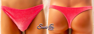 Mens Smooth/Flat Front, Wide Strap, T-back Thong in pink fuzzy velvety spandex by Suzi Fox