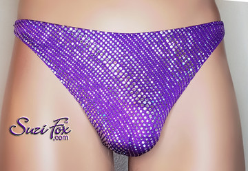 Mens Medium Smooth/Flat Front, Wide Strap, T-back Thong in purple spandex with iridescent dots by Suzi Fox.