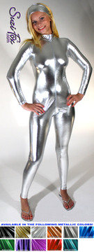 Custom Catsuit by Suzi Fox shown in Silver metallic foil coated Nylon Spandex. 
You can order this Catsuit in almost any fabric on this site. 
• Available in gold, silver, copper, royal blue, purple, turquoise, red, green, fuchsia, gun metal, black faux leather/rubber Metallic foil coated spandex.
• Your choice of front or back zipper (front zipper shown).
• Optional 1 or 2-slider crotch zipper, and "Selene" from Underworld TS Brass zipper, or aluminum circular slider zipper like Catwoman comic characters.
• Optional wrist zippers
• Optional ankle zippers
• Optional finger loops
• Optional rear patch pockets
• Made in the U.S.A.