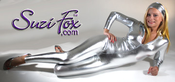 Custom Catsuit by Suzi Fox shown in Silver metallic foil coated Nylon Spandex. 
You can order this Catsuit in almost any fabric on this site. 
• Available in gold, silver, copper, royal blue, purple, turquoise, red, green, fuchsia, gun metal, black faux leather/rubber Metallic foil coated spandex.
• Your choice of front or back zipper (front zipper shown).
• Optional 1 or 2-slider crotch zipper, and "Selene" from Underworld TS Brass zipper, or aluminum circular slider zipper like Catwoman comic characters.
• Optional wrist zippers
• Optional ankle zippers
• Optional finger loops
• Optional rear patch pockets
• Made in the U.S.A.