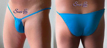 Men's Adjustable Pouch Rio (1/2 rear coverage) Bikini - shown in Turquoise Milliskin Tricot Spandex, custom made by Suzi Fox