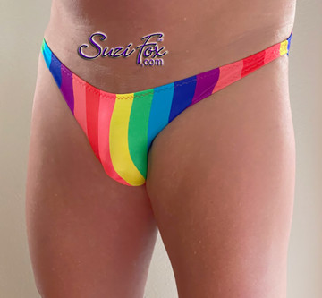 Mens Smooth Front, Wide Strap, Rio Bikini - shown in 1 inch wide rainbow stripe silky polyester, custom made by Suzi Fox.