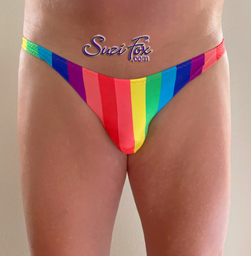 Mens Smooth Front, Wide Strap, Rio Bikini - shown in 1 inch wide rainbow stripe silky polyester, custom made by Suzi Fox.