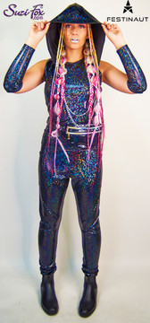 Rave Hood by Festinaut front shown in black shattered glass spandex