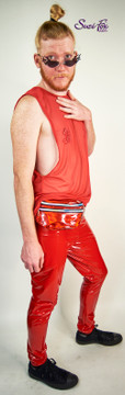 Mens Jogger pants For Raves, EDC, and Burning Man Festivals shown in red vinyl/pvc custom made by Suzi Fox