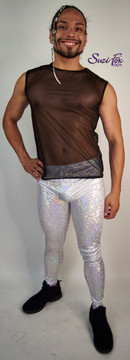 Mens Muscle T-Shirt for Raves, EDC, Burning Man Festivals shown in see through black mesh custom made by Suzi Fox.
Shown with iridescent shattered glass spandex jogger pants by Suzi Fox.