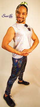 Mens Muscle T-Shirt for Raves, EDC, Burning Man Festivals shown in silver shattered glass spandex custom made by Suzi Fox