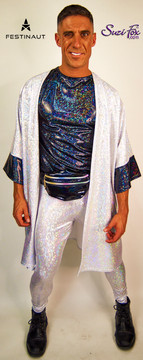 Mens Jogger pants For Raves, EDC, and Burning Man Festivals shown in silver shattered glass spandex custom made by Suzi Fox