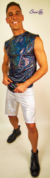 Mens Baggy Shorts For Raves, EDC, and Burning Man Festivals shown in silver shattered glass spandex custom made by Suzi Fox