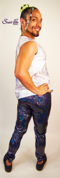 Mens Muscle T-Shirt for Raves, EDC, Burning Man Festivals shown in silver shattered glass spandex custom made by Suzi Fox