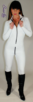 Custom Catsuit by Suzi Fox shown in Matte White (no shine) Vinyl/PVC coated Nylon Spandex. Shown with optional 1-slider crotch zipper.
You can order this Catsuit in almost any fabric on this site. 
• Available in black matte (no shine), white matte (no shine), and gloss black, red, white, light pink, neon pink, fuchsia, purple, royal blue, navy blue, turquoise, stretch vinyl coated spandex.
• Your choice of front or back zipper (front zipper shown).
• Optional 1 or 2-slider crotch zipper, and "Selene" from Underworld TS zipper, or aluminum circular slider zipper like Catwoman comic characters.
• Optional wrist zippers
• Optional ankle zippers
• Optional finger loops
• Optional rear patch pockets
• Made in the U.S.A.