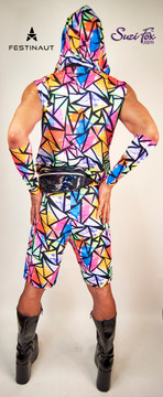 Mens muscle tee shirt For Raves, EDC, and Burning Man Festivals shown in abstract diamonds spandex custom made by Suzi Fox. Shown with jogger pants by Suzi Fox.
Shown with Rave Hood by Festinaut.