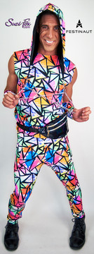 Mens muscle tee shirt For Raves, EDC, and Burning Man Festivals shown in abstract diamonds spandex custom made by Suzi Fox. Shown with jogger pants by Suzi Fox.
Shown with Rave Hood by Festinaut.