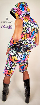 Hood for Raves, EDC, Burning Man Festivals, shown in abstract diamonds spandex, custom made by Festinaut™ offered by Suzi Fox.