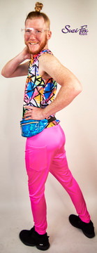 Mens Jogger pants For Raves, EDC, and Burning Man Festivals shown in Neon Pink Milliskin Tricot spandex custom made by Suzi Fox.
Shown with mens muscle tee shirt in Abstract diamonds spandex.