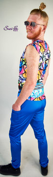 Mens Jogger pants shown in Royal Blue Milliskin Tricot spandex custom made by Suzi Fox.