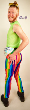 Mens Jogger pants  shown in Rainbow Stripe spandex custom made by Suzi Fox.