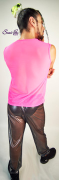 Mens Jogger pants For Raves, EDC, and Burning Man Festivals shown in black see through metallic mesh custom made by Suzi Fox.
Shown with neon pink mesh muscle tee shirt.