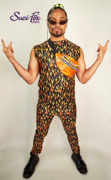 Mens Jogger Pants For Raves, EDC, and Burning Man Festivals shown in Flames mirror metallic spandex custom made by Suzi Fox.
Shown with Mens Muscle Tee shirt in Flames mirror metallic spandex custom made by Suzi Fox.