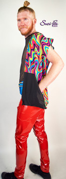 Mens Sleeveless Hoodie For Raves, EDC, and Burning Man Festivals shown in abstract Swirl spandex custom made by Suzi Fox.