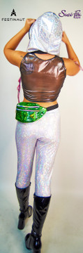 Hood for Raves, EDC, Burning Man Festivals shown in iridescent silver and black shattered glass spandex by Festinaut offered by Suzi Fox