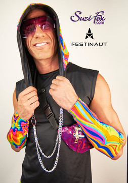 Hood for Raves, EDC, Burning Man Festivals, shown in abstract swirls spandex, custom made by Festinaut™ offered by Suzi Fox.
