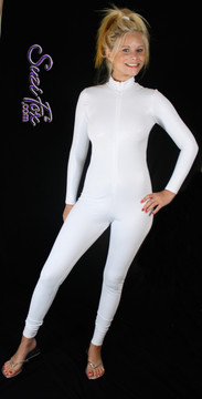 Custom Catsuit by Suzi Fox shown in White Wet Look Lycra Spandex. 
You can order this Catsuit in almost any fabric on this site. 
• Available in black, red, white, turquoise, navy blue, hot pink, lime green, green, yellow, royal blue, steel gray, neon orange. This is a 4-way stretch fabric with a medium shine.
• Your choice of front or back zipper (front zipper shown).
• Optional 1 or 2-slider crotch zipper, and "Selene" from Underworld TS Brass zipper, or aluminum circular slider zipper like Catwoman comic characters.
• Optional wrist zippers
• Optional ankle zippers
• Optional finger loops
• Optional rear patch pockets
• Made in the U.S.A.