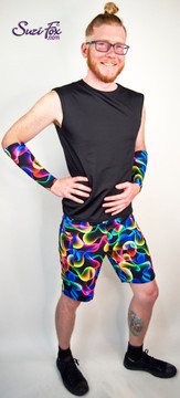 Mens Baggy Shorts For Raves, EDC, and Burning Man Festivals shown in Abstract Smoke spandex custom made by Suzi Fox