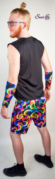 Mens Baggy Shorts For Raves, EDC, and Burning Man Festivals shown in Abstract Smoke spandex custom made by Suzi Fox