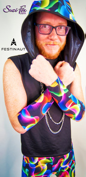 Armguards For Raves, EDC, and Burning Man Festivals shown in Abstract Smoke spandex custom made by Suzi Fox