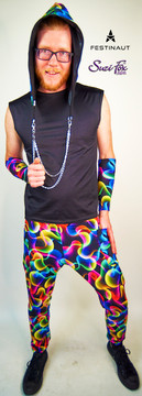 Hood for Raves, EDC, Burning Man Festivals, shown in abstract smoke spandex, custom made by Festinaut™ offered by Suzi Fox.