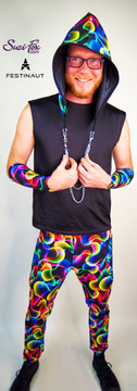 Hood for Raves, EDC, Burning Man Festivals, shown in abstract smoke spandex, custom made by Festinaut™ offered by Suzi Fox.