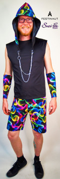 Hood for Raves, EDC, Burning Man Festivals, shown in abstract smoke spandex, custom made by Festinaut™ offered by Suzi Fox.