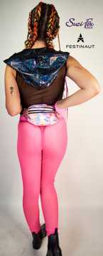 Womens Leggings For Raves, EDC, and Burning Man Festivals shown in Neon Pink see through mesh custom made by Suzi Fox.
Shown with black mesh crop tank top.
Shown with hood by Festinaut and offered by Suzi Fox