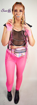 Womens Leggings For Raves, EDC, and Burning Man Festivals shown in Neon Pink see through mesh custom made by Suzi Fox.
Shown with black mesh crop tank top.
Shown with hood by Festinaut and offered by Suzi Fox